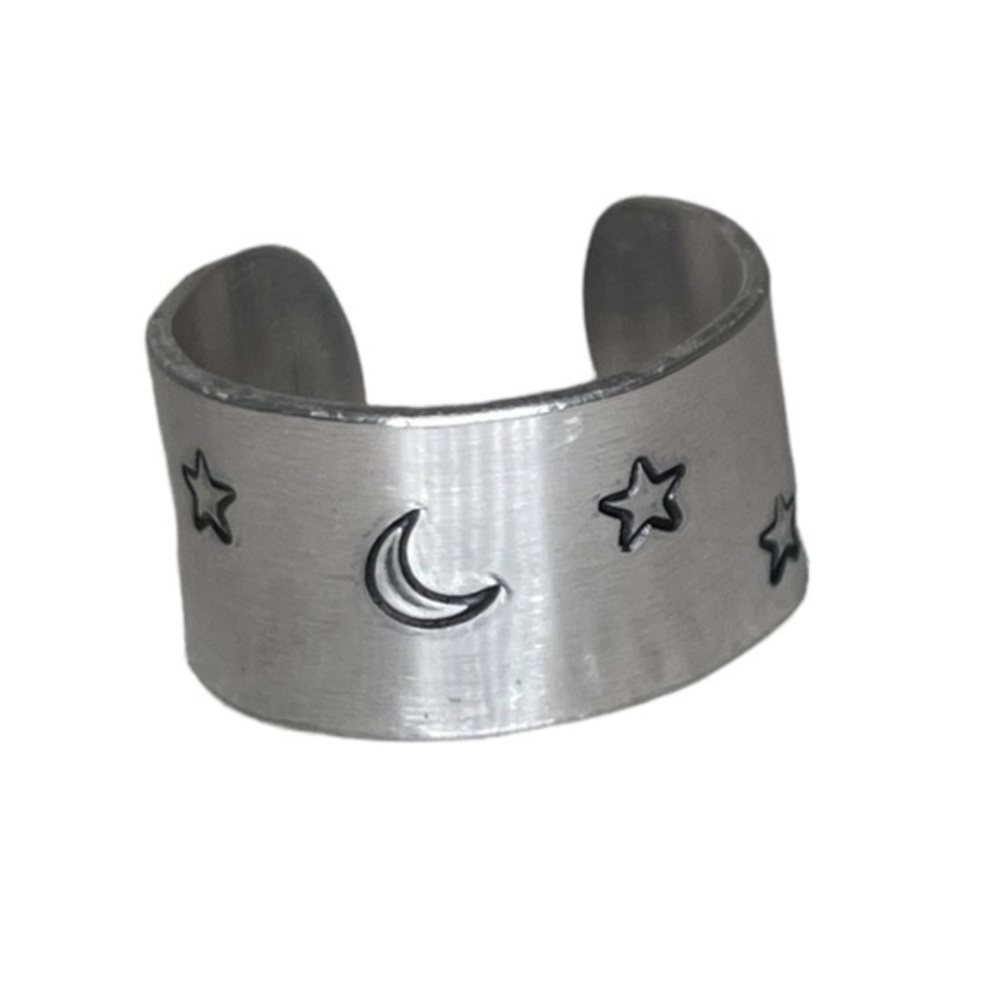 Handmade 9 stamped moon & stars silver adjustable hypoallergenic wide cuff‎ ring